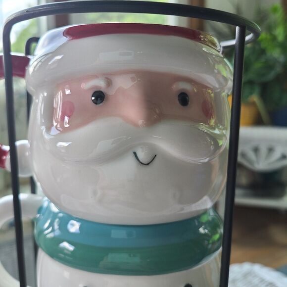Holiday Time Santa Snowman & Reindeer Mix Stackable Stoneware Mug Set Metal Rack - Picture 2 of 10